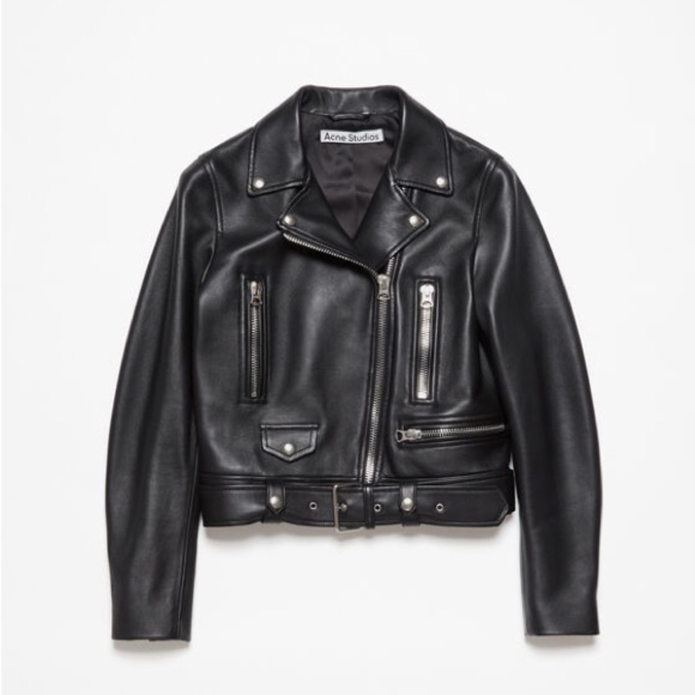 Iconic Acne Studios “Mock” black leather moto jacket, size 34